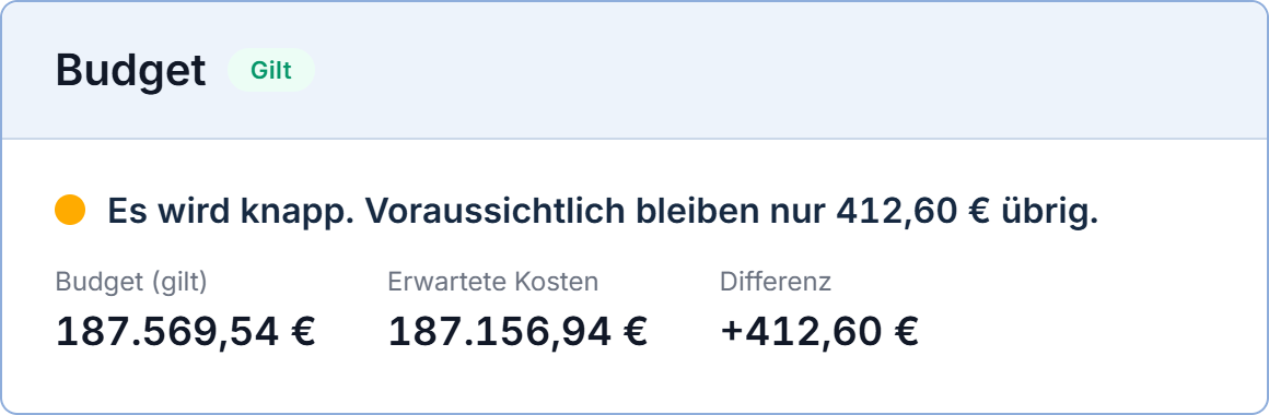 Ausschnitt aus VeltoCare Flex mit Beispieldaten: Budget 187.569,54 Euro, erwartete Kosten 187.156,94 Euro. Es wird knapp, voraussichtlich bleiben 412,60 Euro übrig.